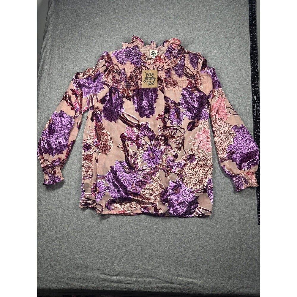 Ivy Jane Womens Top Small Floral Frost Burnout Velvet Mock Neck Bell Sleeve